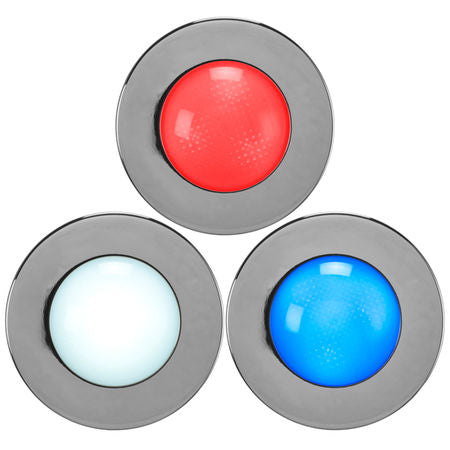 Recessed mount red, blue, and white LED light with SS trim ring
