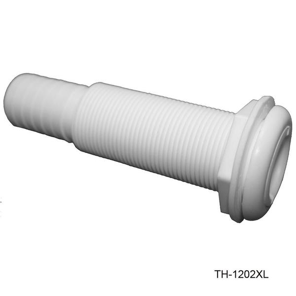 Straight long white thru hull fits 1 1/8" hose