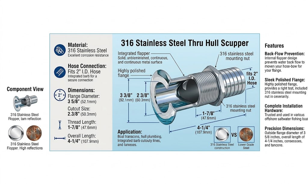 Stainless Steel Thru Hull Scupper 2" Hose