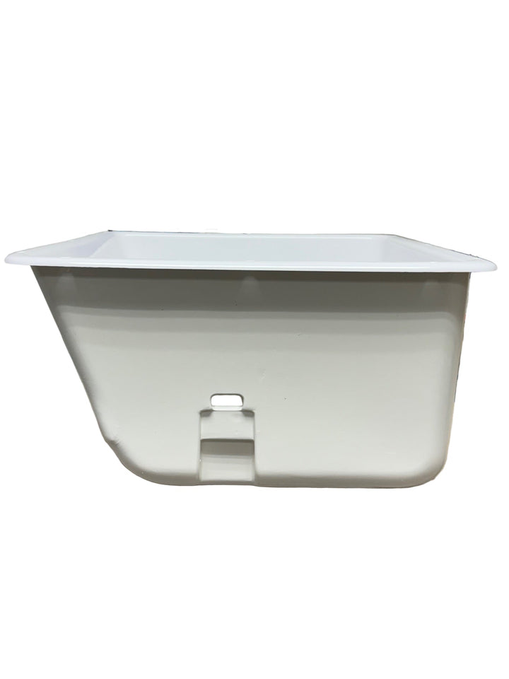 Side view of white cooler retainer for boats with a white background