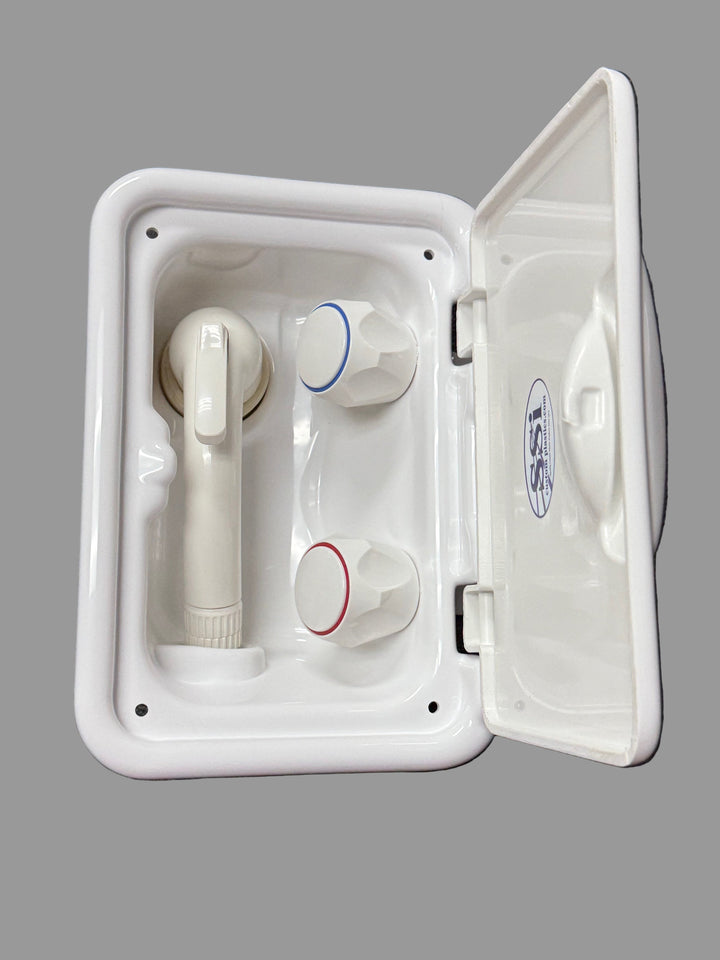 White Shower Box with White knobs and sprayer