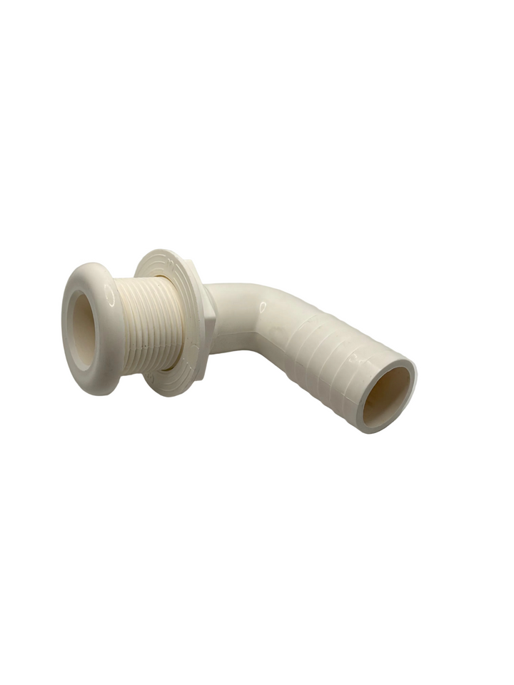 Elbow thru hull, 1 1/8" hose barb, small flange