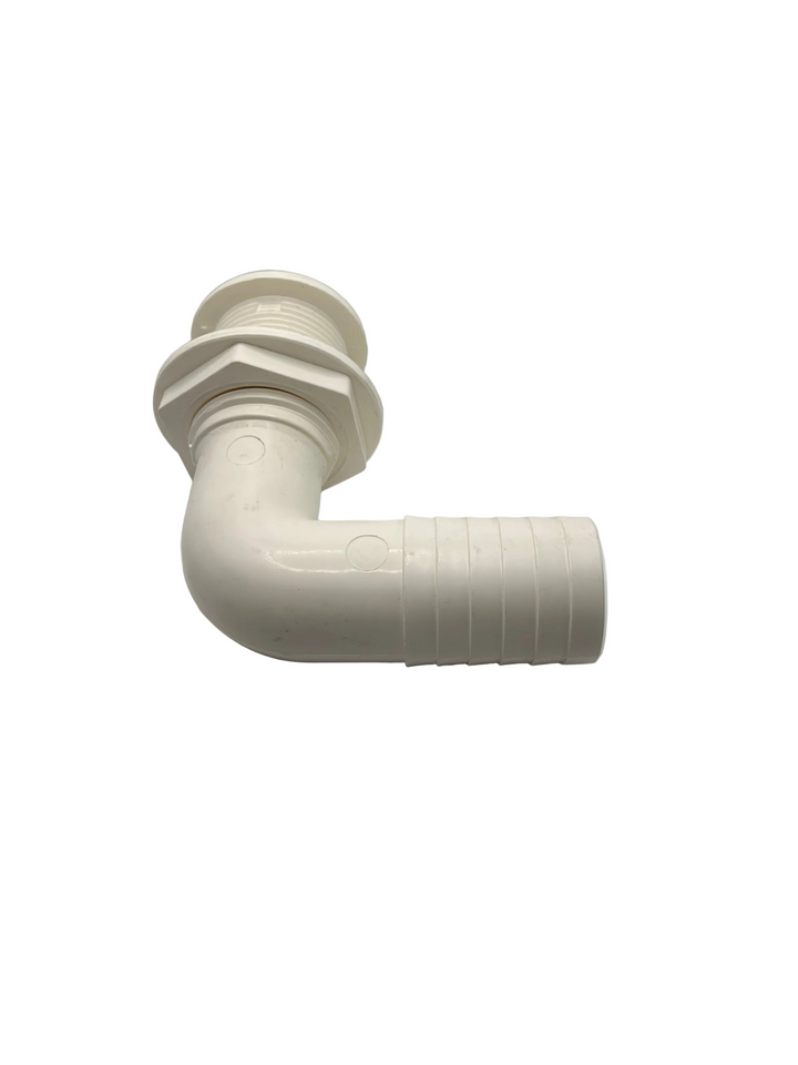 Elbow thru hull, 1 1/8" hose barb, small flange